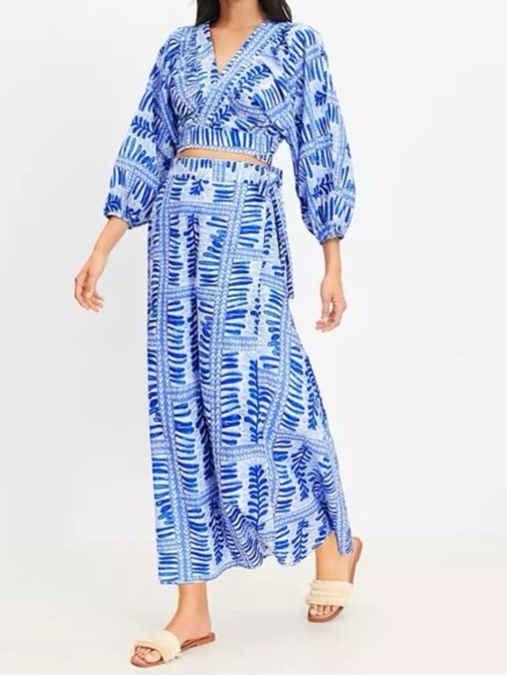 LOFT Beach SET CO2 White Blue Print Sarong Maxi Wrap Skirt and Fern Wrap Top Set